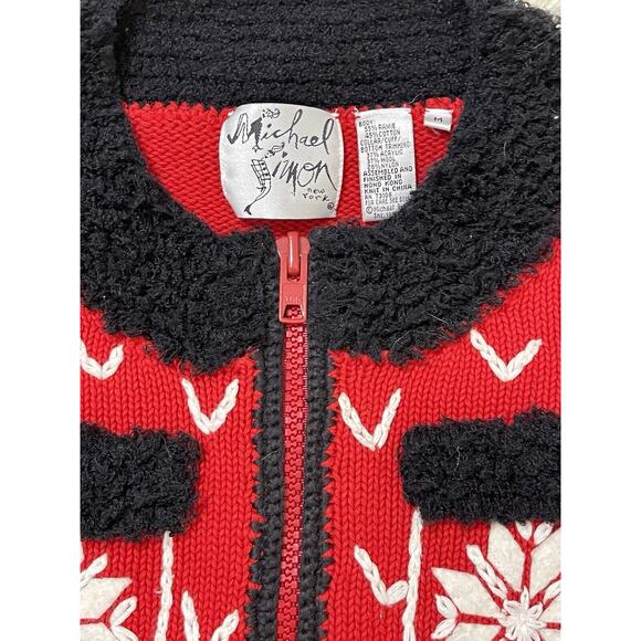 Michael Simon Red Zipper Cardigan Cropped Sweater Snowflake Medium vintage 90s - Picture 3 of 4